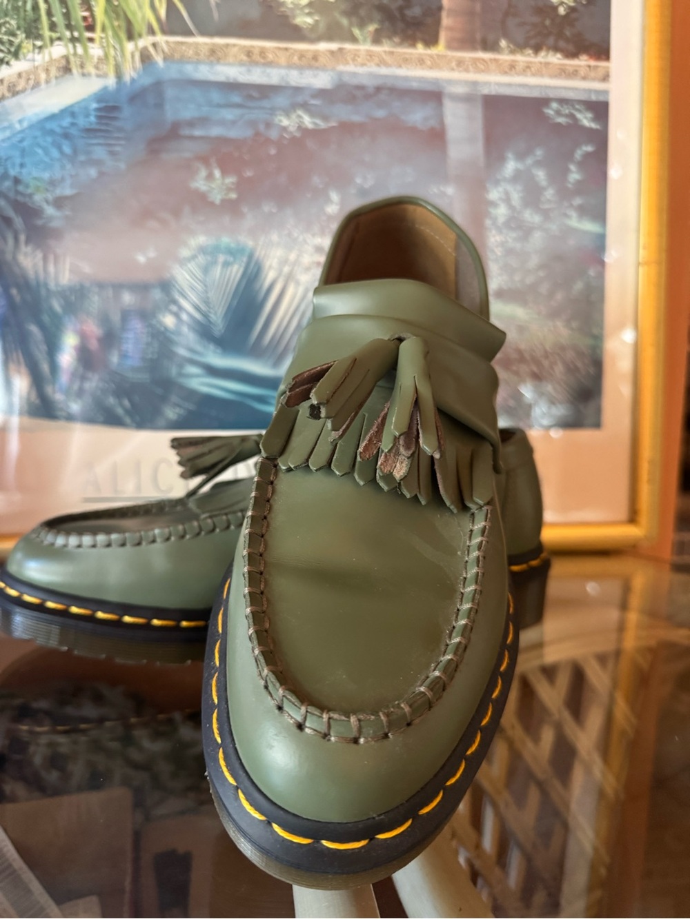 Dr Martens Adrian Khaki Green Leather Tassel Loafers Unisex M8 W9 NWOT - Picture 3 of 8
